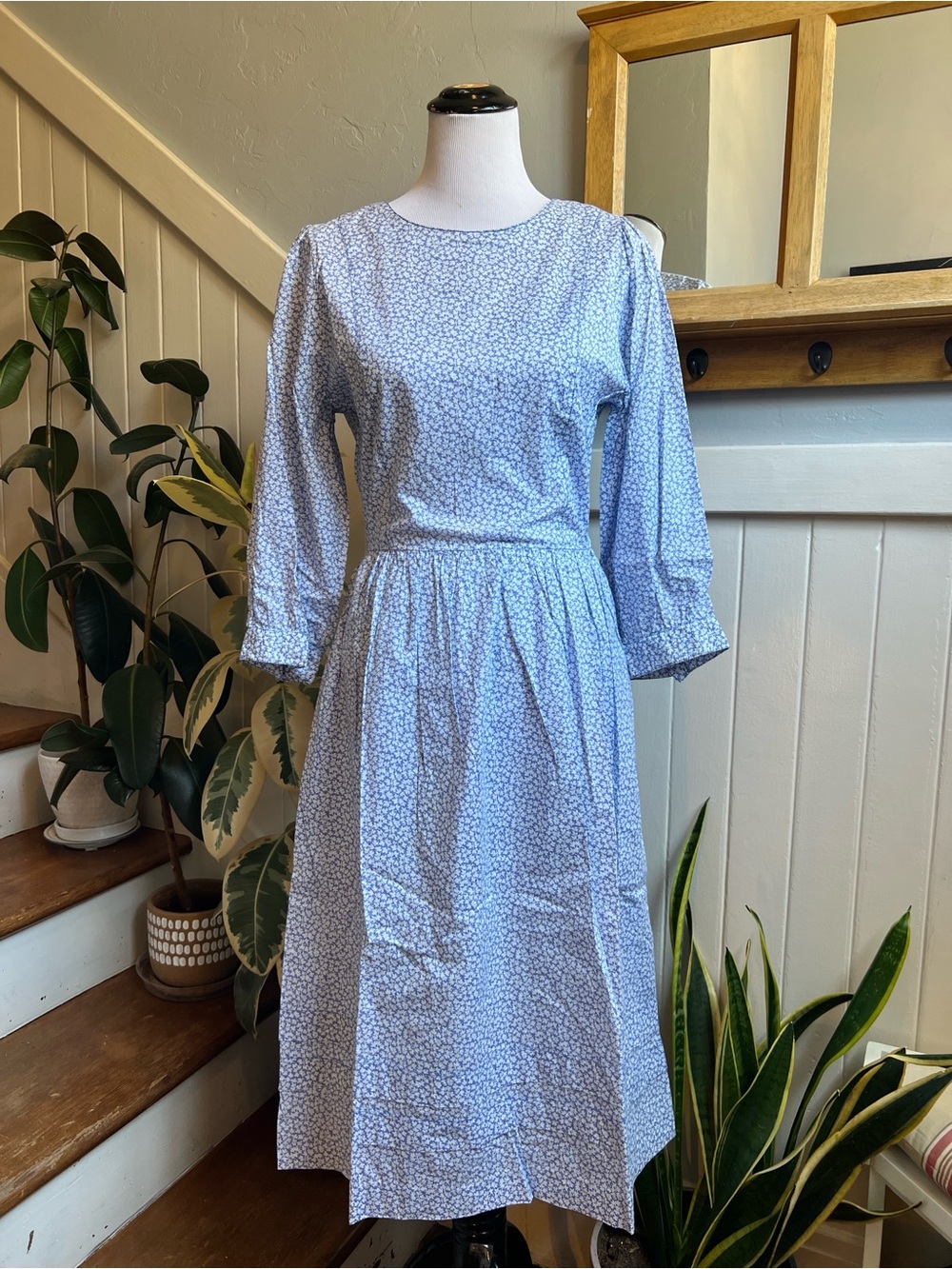Rare Vintage Liberty of London Blue Floral Cotton Midi Dress UK 12 US 8